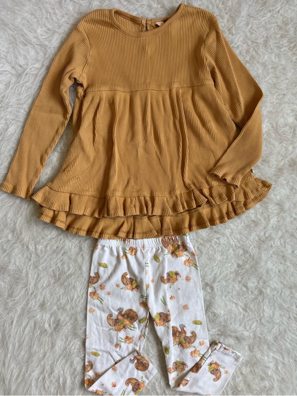 Burt’s Bee’s Toddler Girl Mustard Ruffle Tunic & Thanksgiving AOP Legging Set